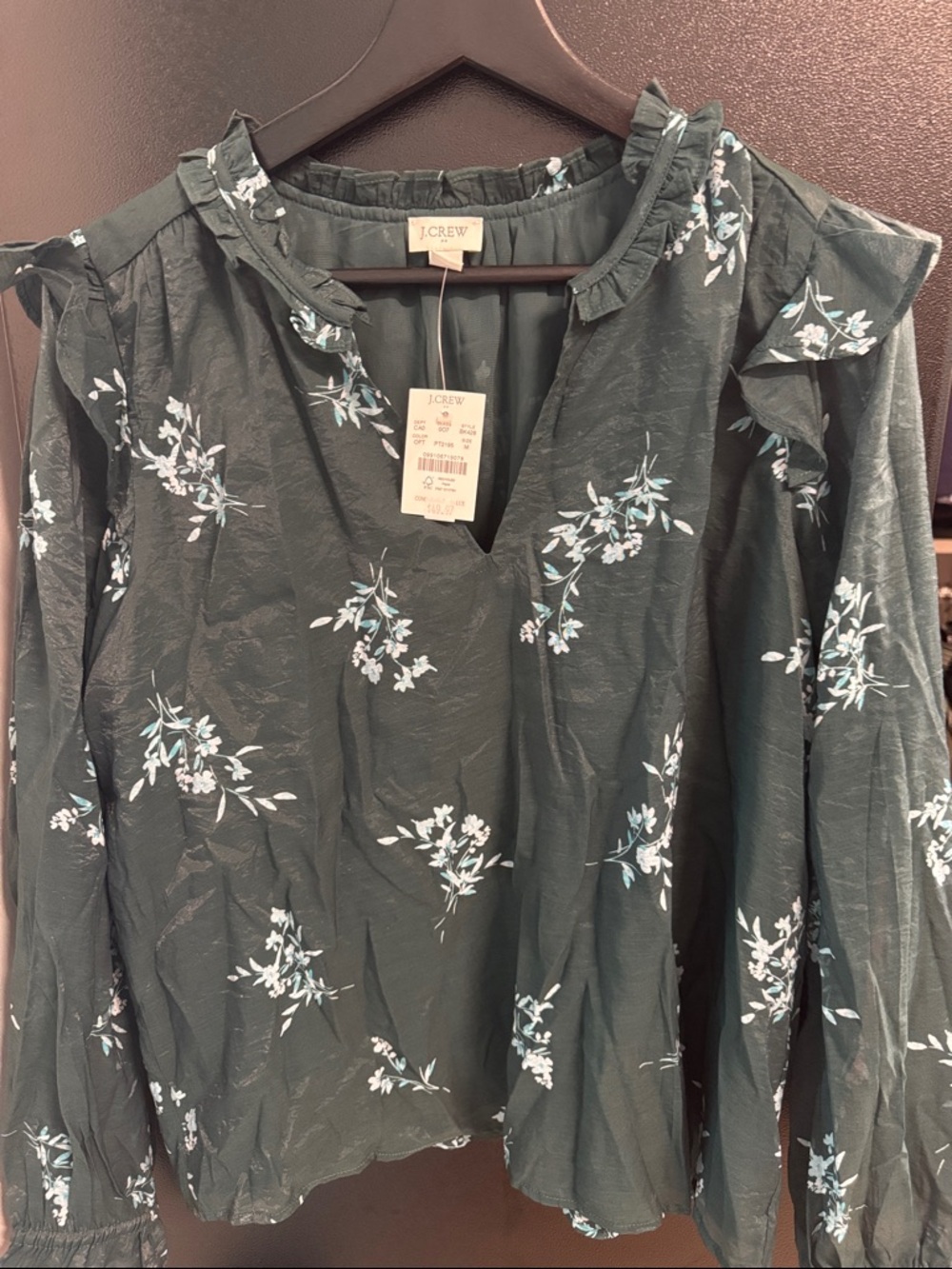 J. Crew Dark Green Floral Ruffle Top